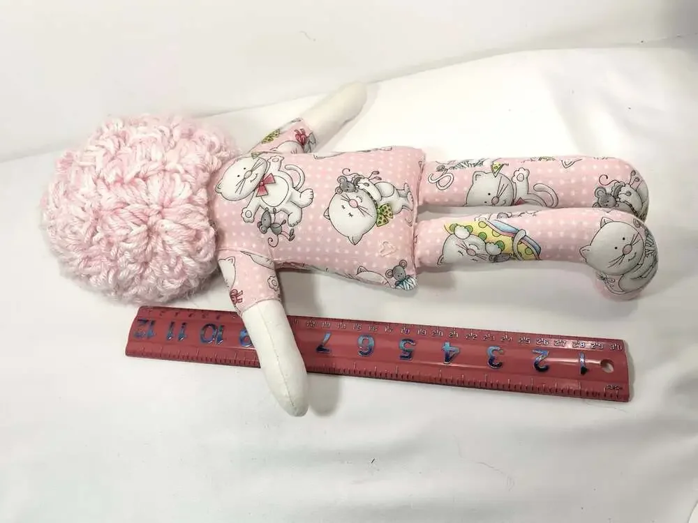 Pink & White yarn hair cat fabric doll